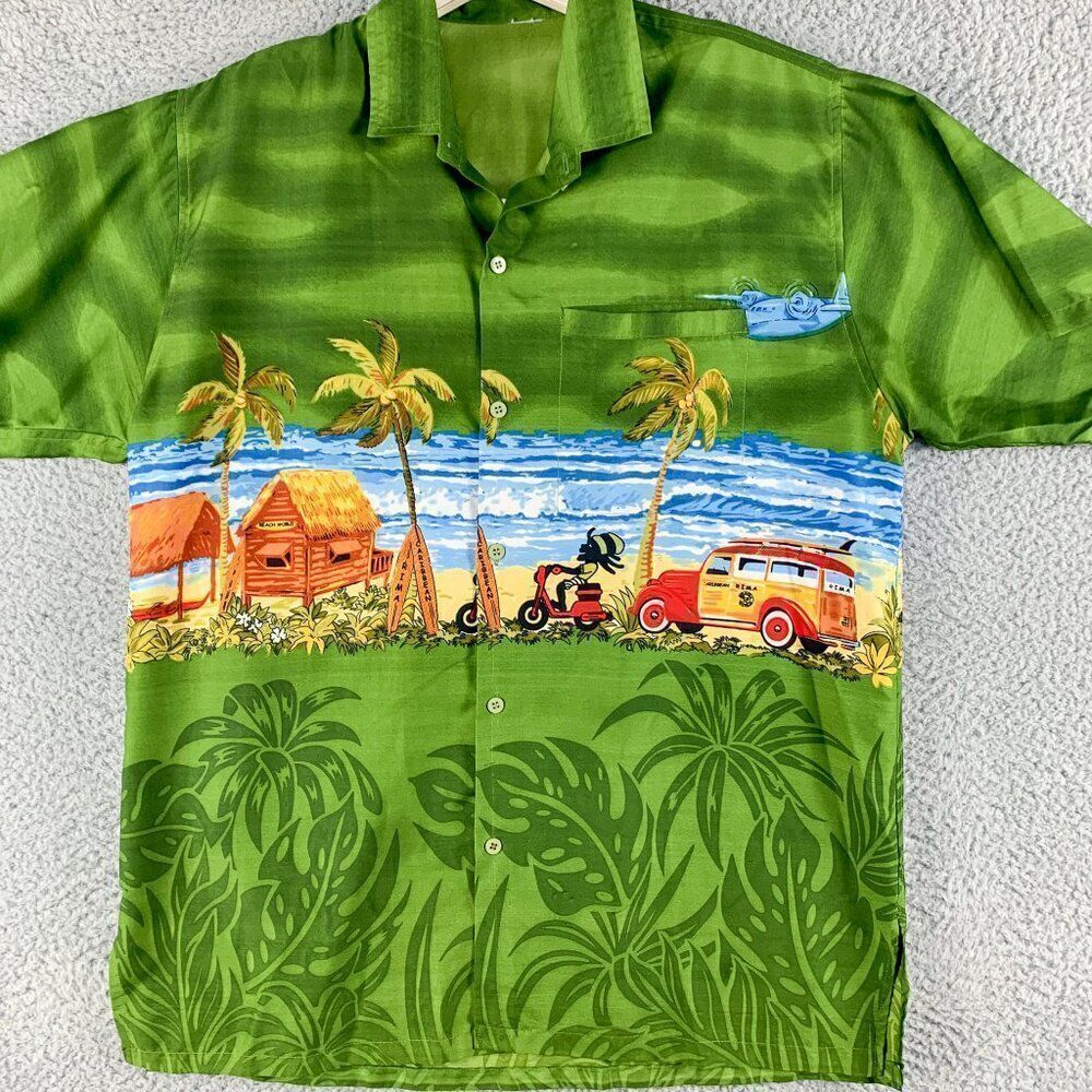 RIma Hawaiian Shirt Mens Medium Green Floral Tropical Beach‎ Surf Woodie Summer